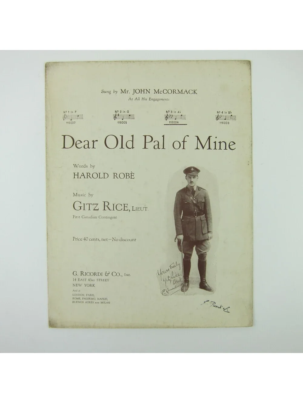 Sheet Music Dear Old Pal of Mine Gitz Rice John McCormack Robe WWI Antique 1918